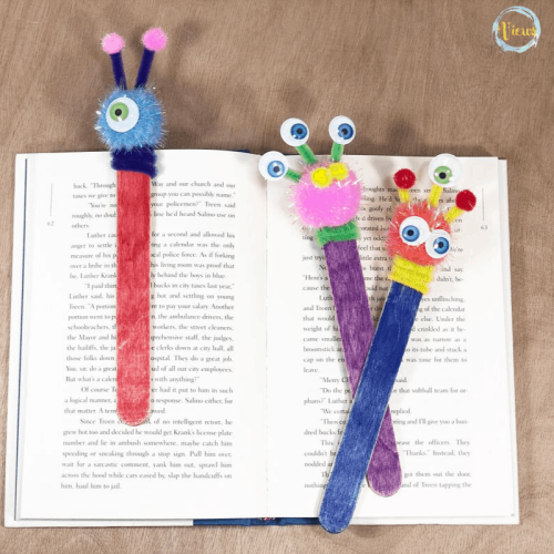 diy monster bookmarks on book pages