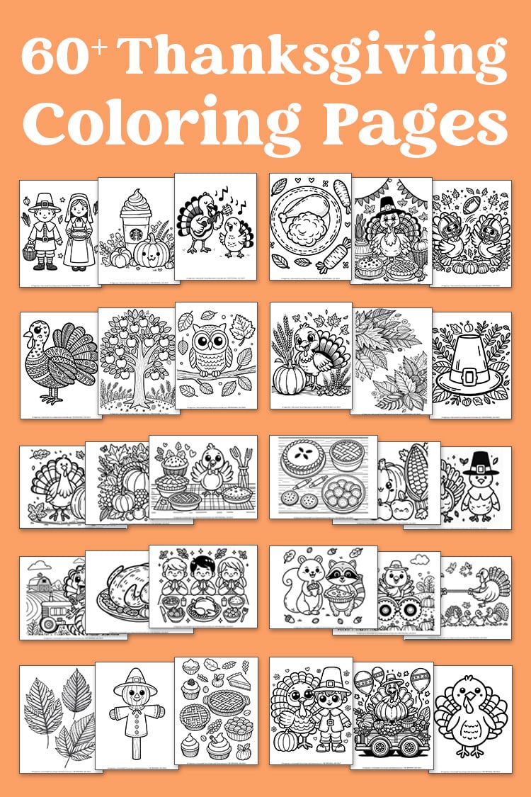 "60+ Thanksgiving Coloring Pages" with collage of coloring pages on an orange background