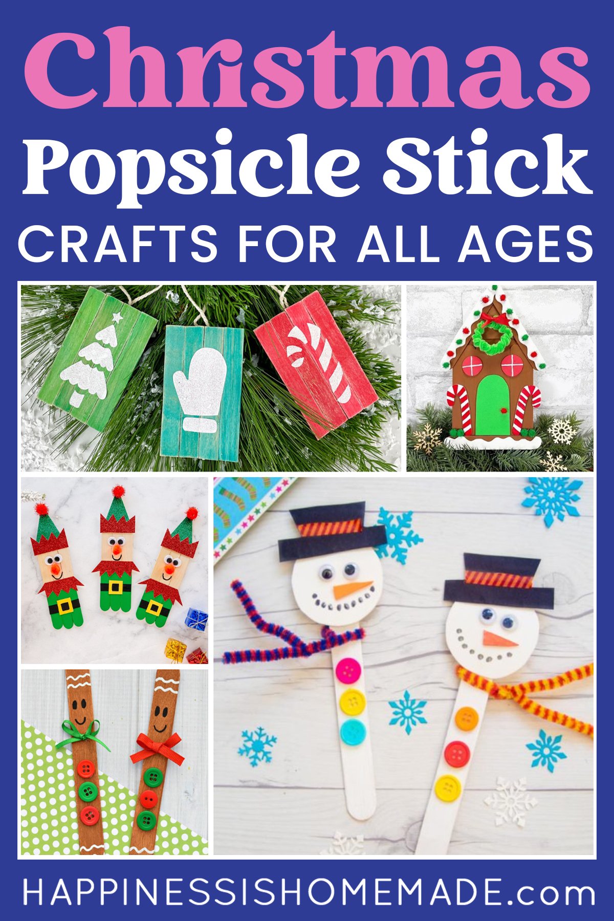 "50+ Christmas Popsicle Stick Crafts for All Ages" graphic with collage of craft stick project ideas