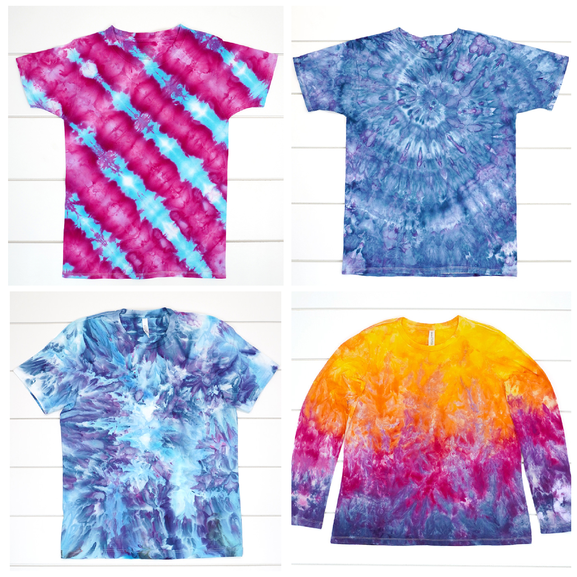 Collage of four different ice dyed shirts on white wood backgrounds