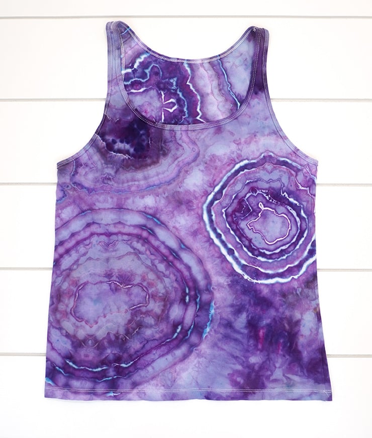 ice dyed "geode" tank top featuring shades of dark purple, blue, and grey