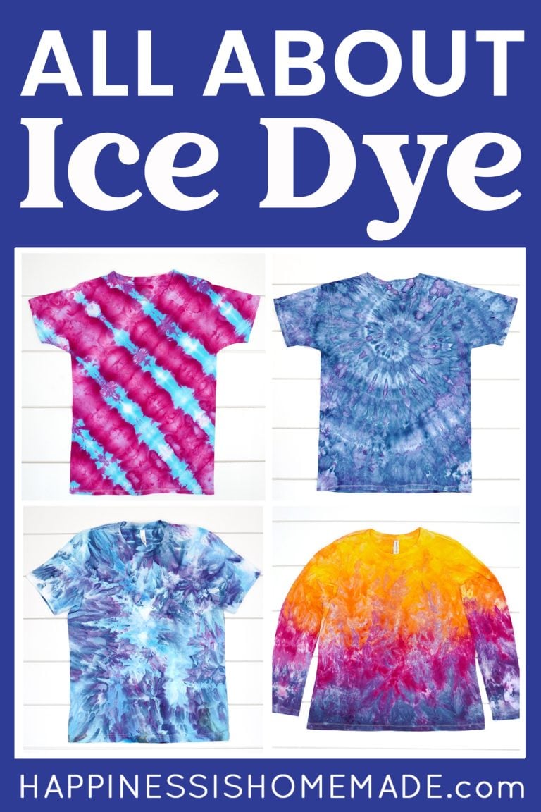 "All About Ice Dye" graphic featuring examples of four different ice dyed shirts in assorted colors on white wood backgrounds