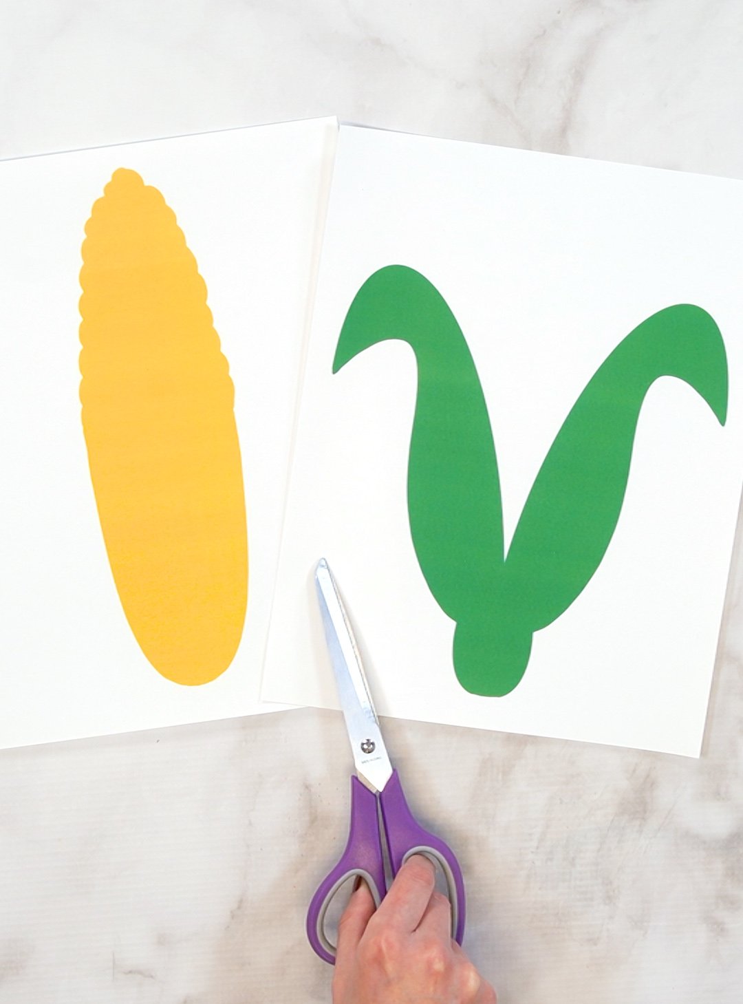 Two sheets of paper with printed corn template and purple scissors