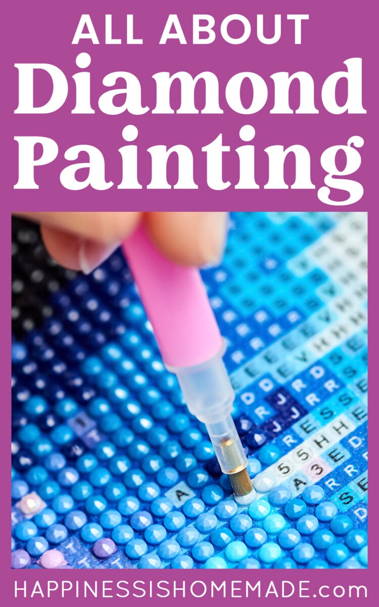 "All About Diamond Painting" graphic with close up of blue diamond painting