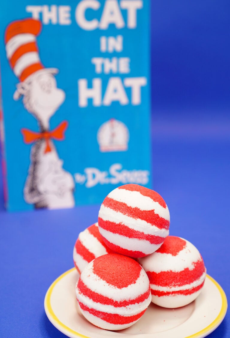 red and white striped bath bombs with The Cat in the Hat book in background