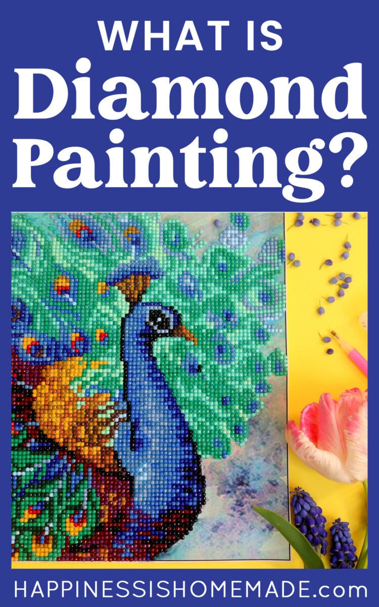 "What is Diamond Painting" graphic with close up of blue peacock diamond painting