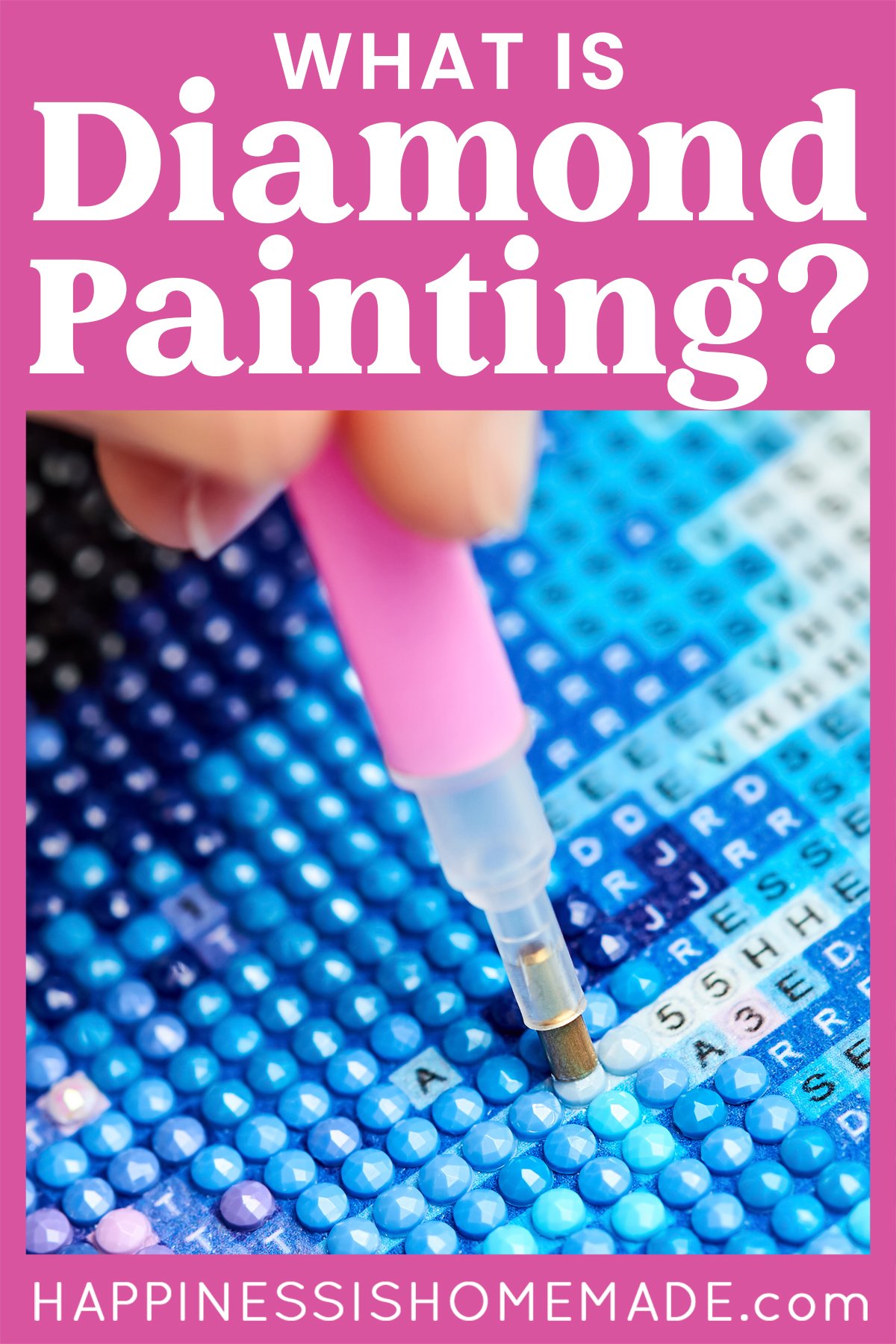 "What is Diamond Painting" graphic with close up of hand completing a blue diamond painting