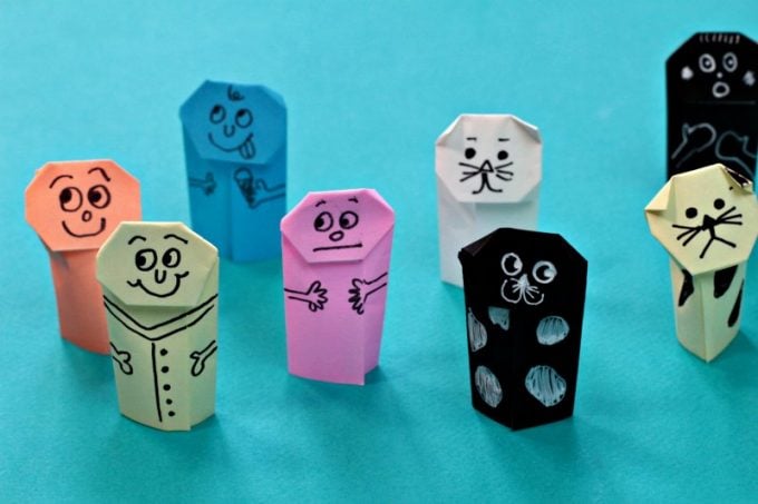 origami finger puppets with fun colored on faces