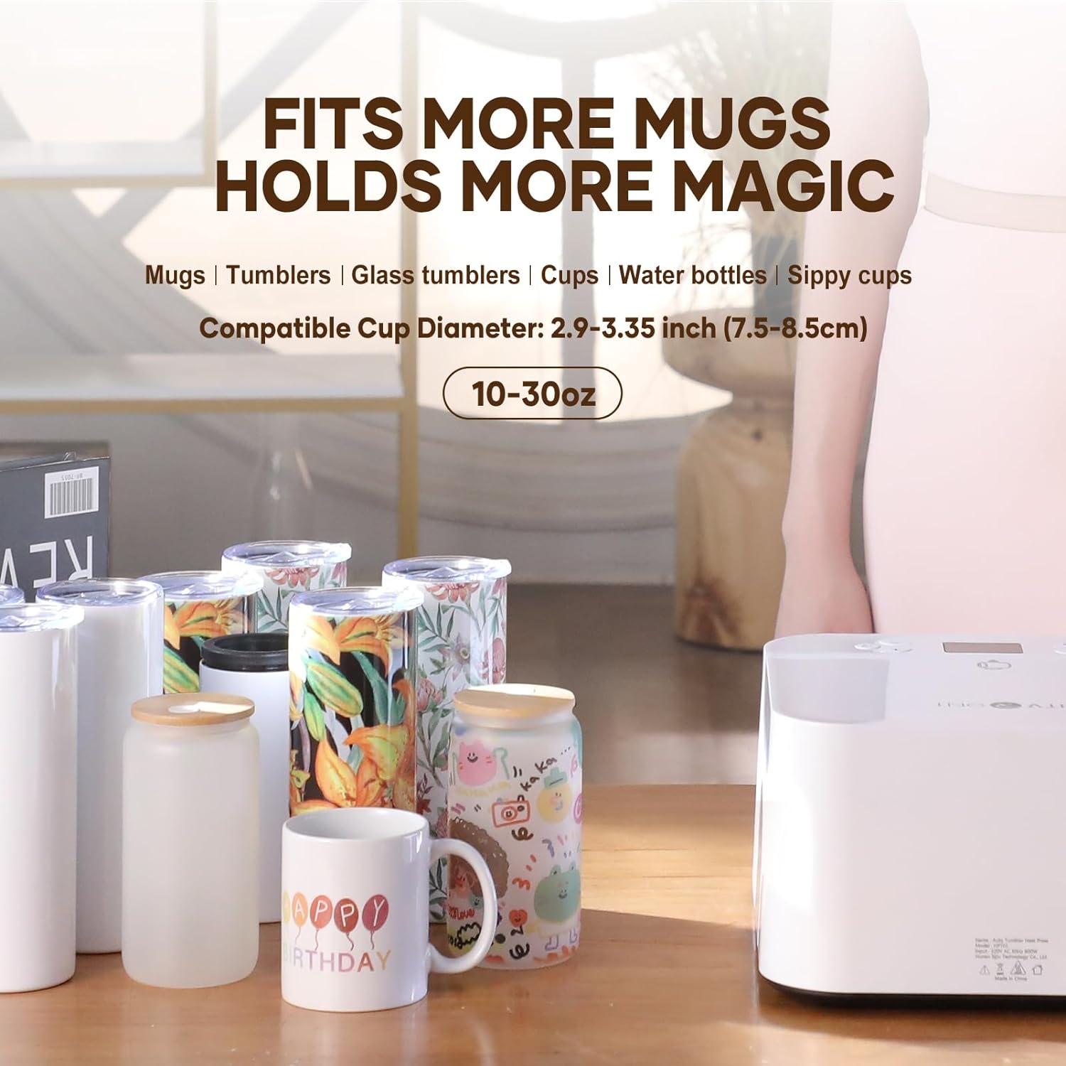 "Fits More Mugs, Holds More Magic" informational graphic about materials compatibility