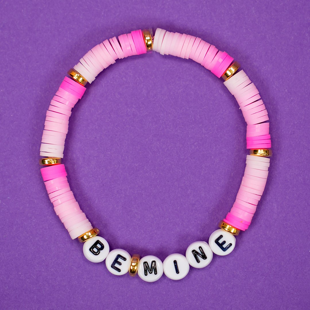 "BE MINE" Valentine's Day bracelet with gradient pink design on purple background