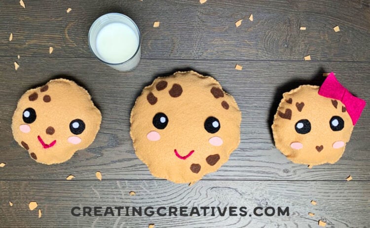 chocolate chip cookie felt plushies and glass of milk