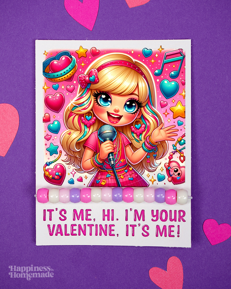 "It's Me, Hi. I'm Your Valentine, It's Me" Taylor Swift-inspired Valentine's Day card with beaded friendship bracelet