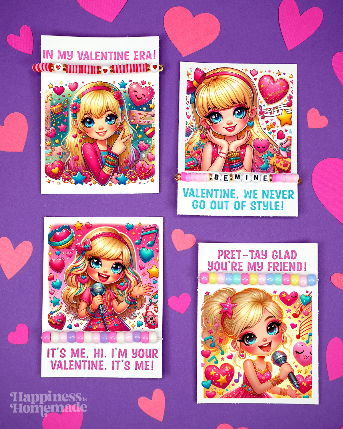 Four Taylor-Swift inspired Valentine's Day cards with beaded friendship bracelets on purple background with hearts