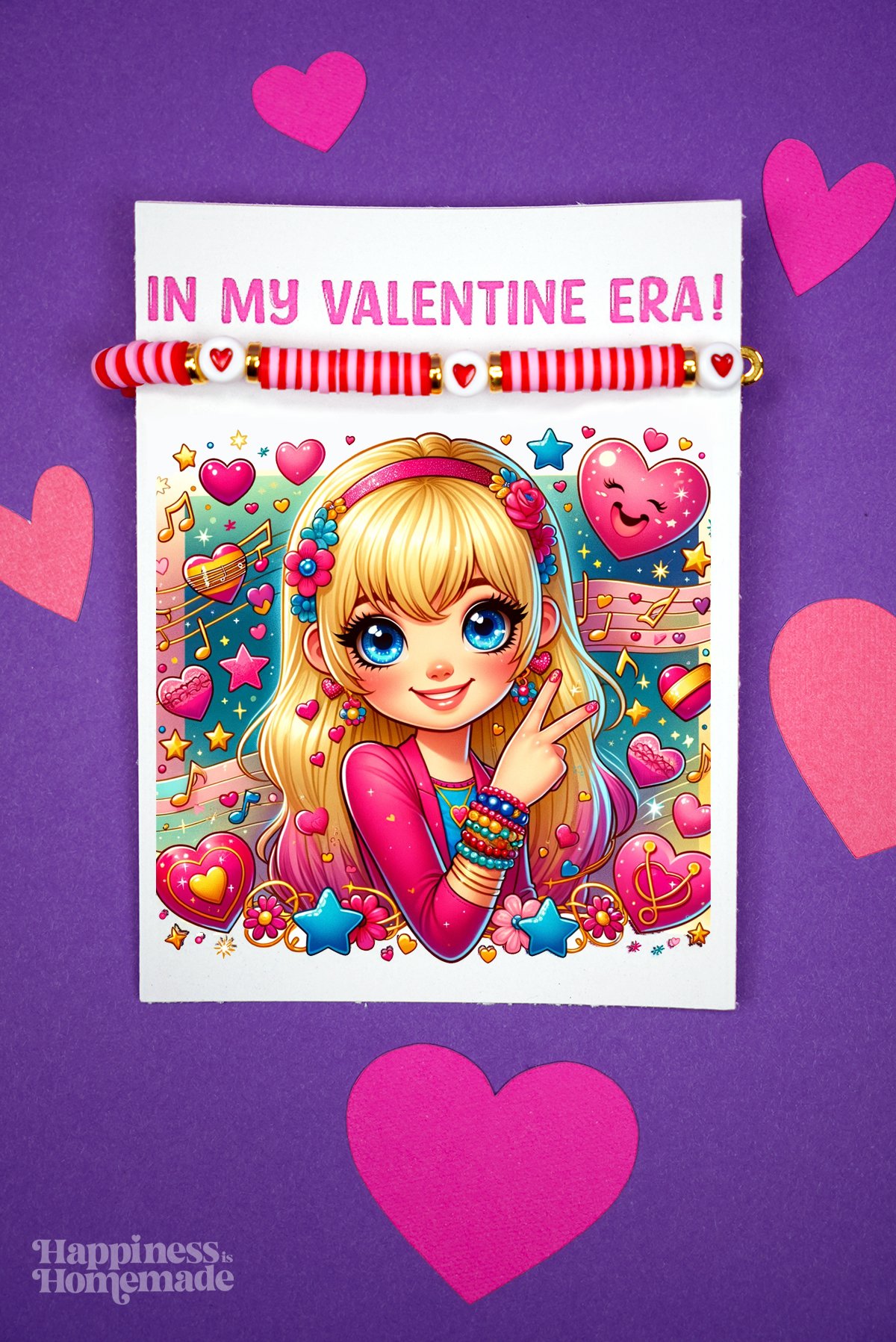 "In My Valentine Era" card featuring a blonde, blue-eyed pop star holding up a peace sign