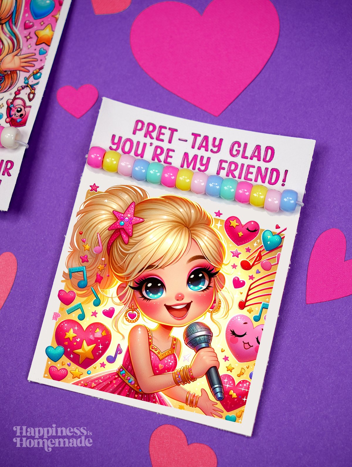 Close up of "Pret-TAY Glad You're My Friend!" valentine card featuring a blonde pop star with bracelets, microphone, and music notes