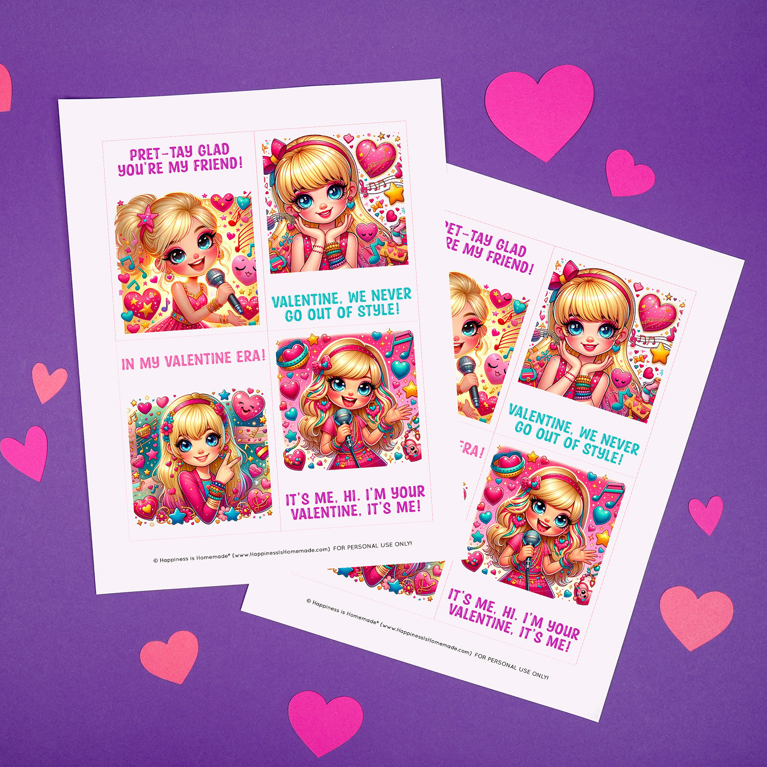 Two sheets of printable Taylor Swift-inspired Valentines cards on a purple background with pink hearts