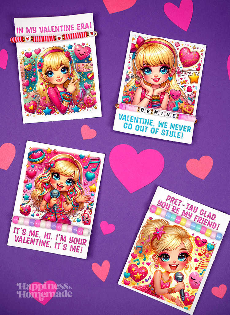 Four Valentine's Day cards featuring a cartoon blonde pop star with blue eyes on a purple background with hearts