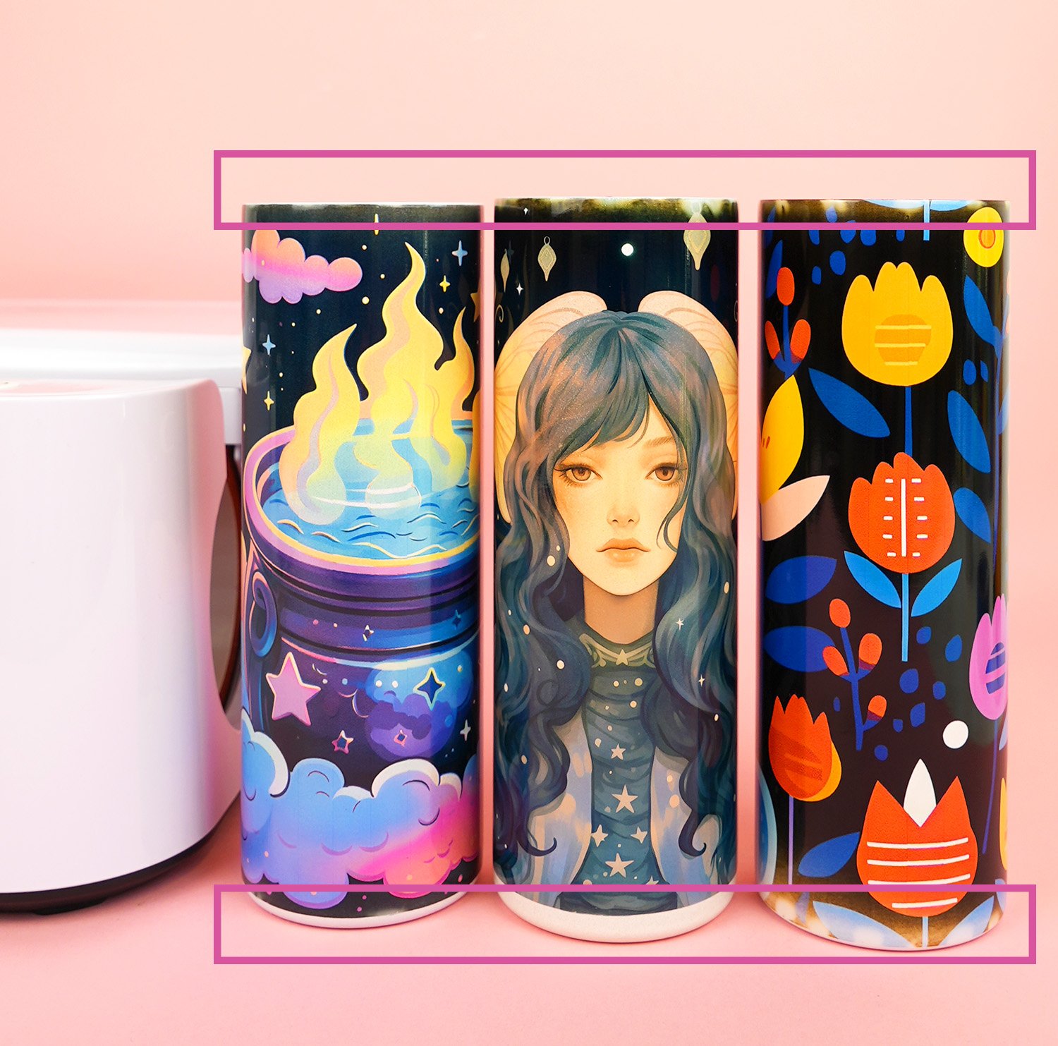 Three sublimated tumblers with rectangle boxes around the top and bottom of the tumblers to indicate areas of slight ghosting