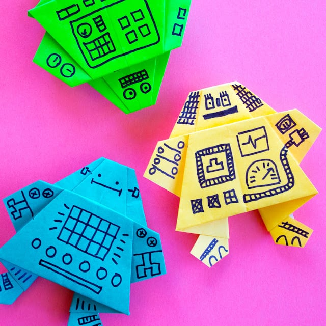 colorful origami robots with fun faces
