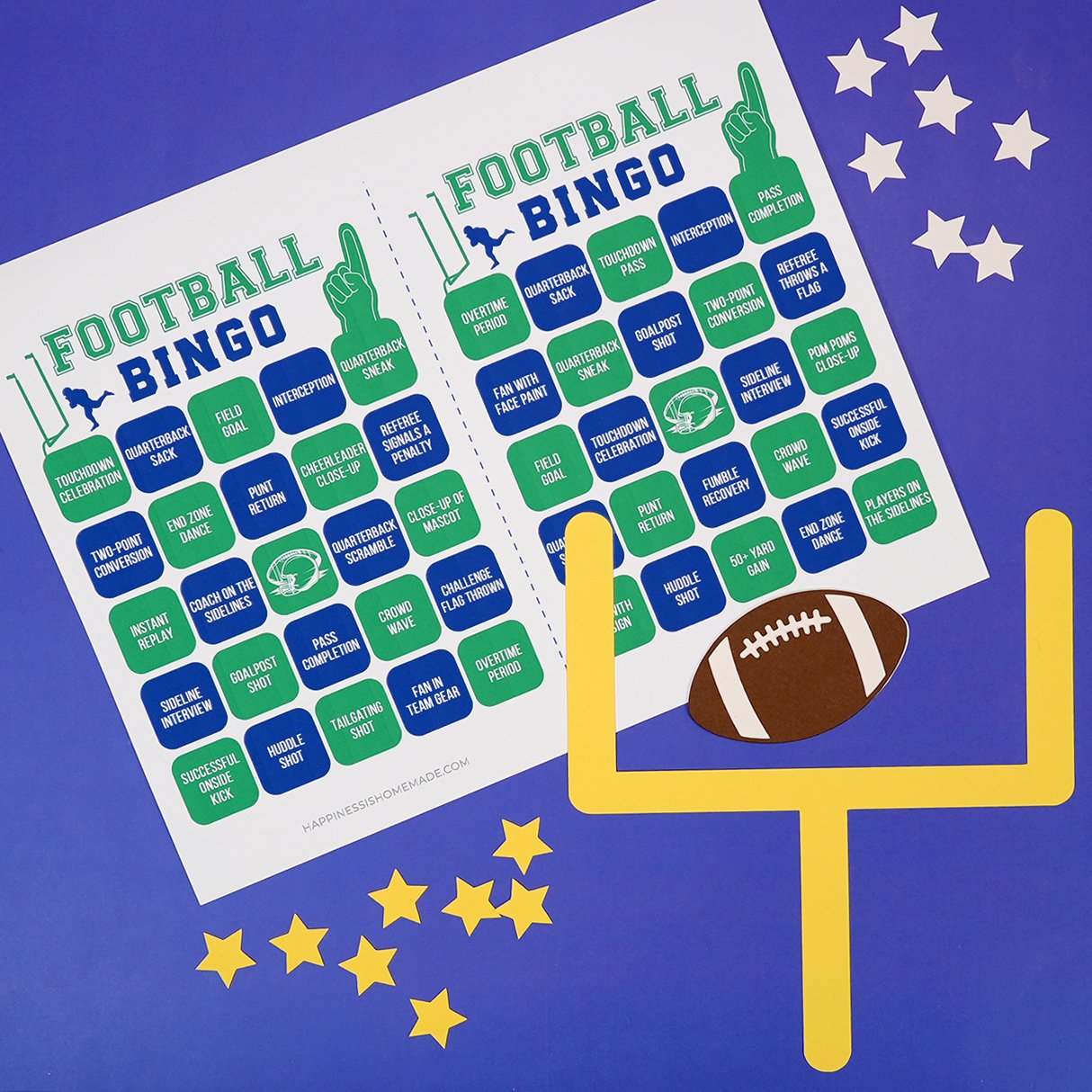 Green and blue football bingo game cards with star markers, football, and yellow goalpost on a blue background