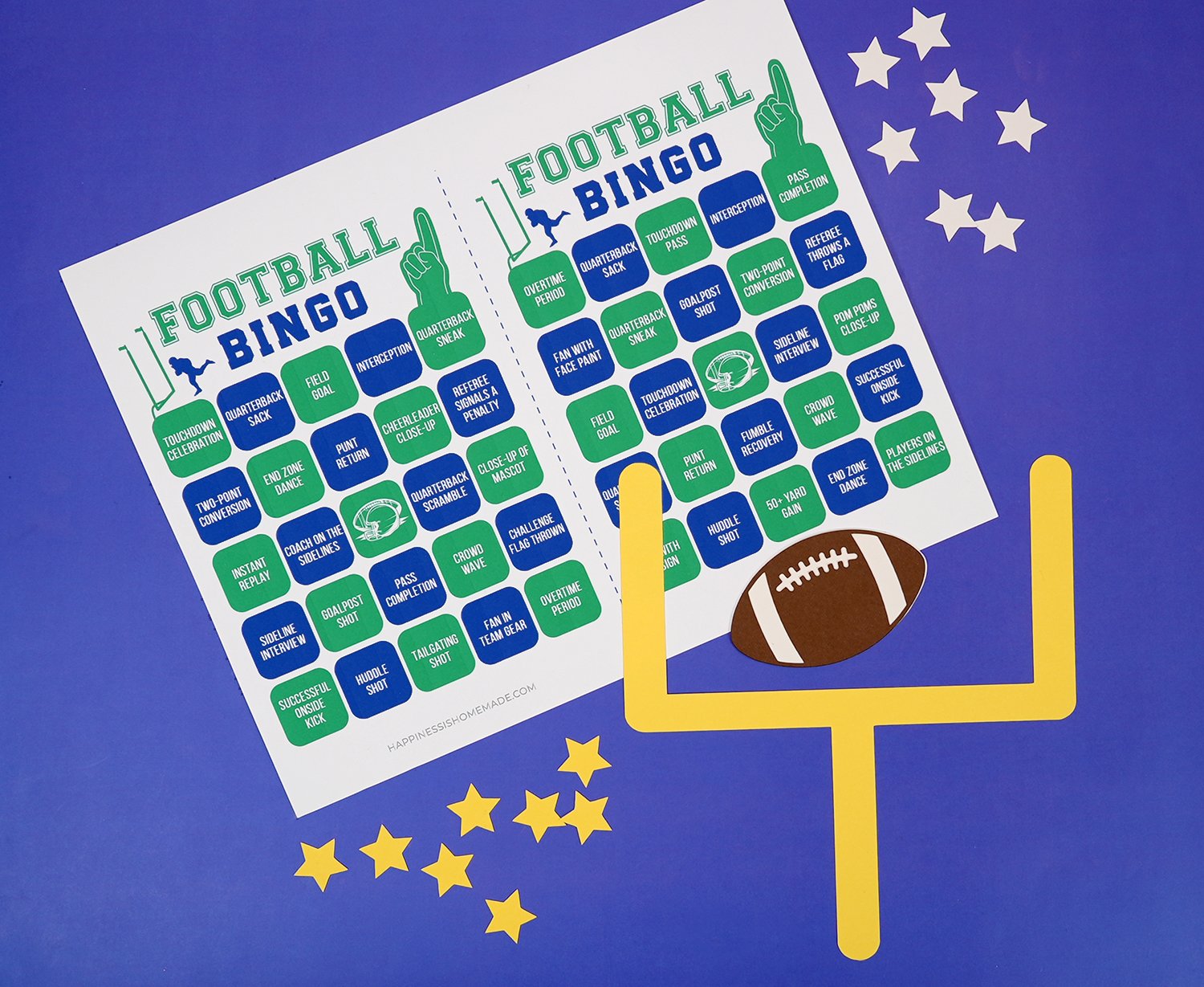 Green and blue football bingo game cards with star markers, football, and yellow goalpost on a blue background