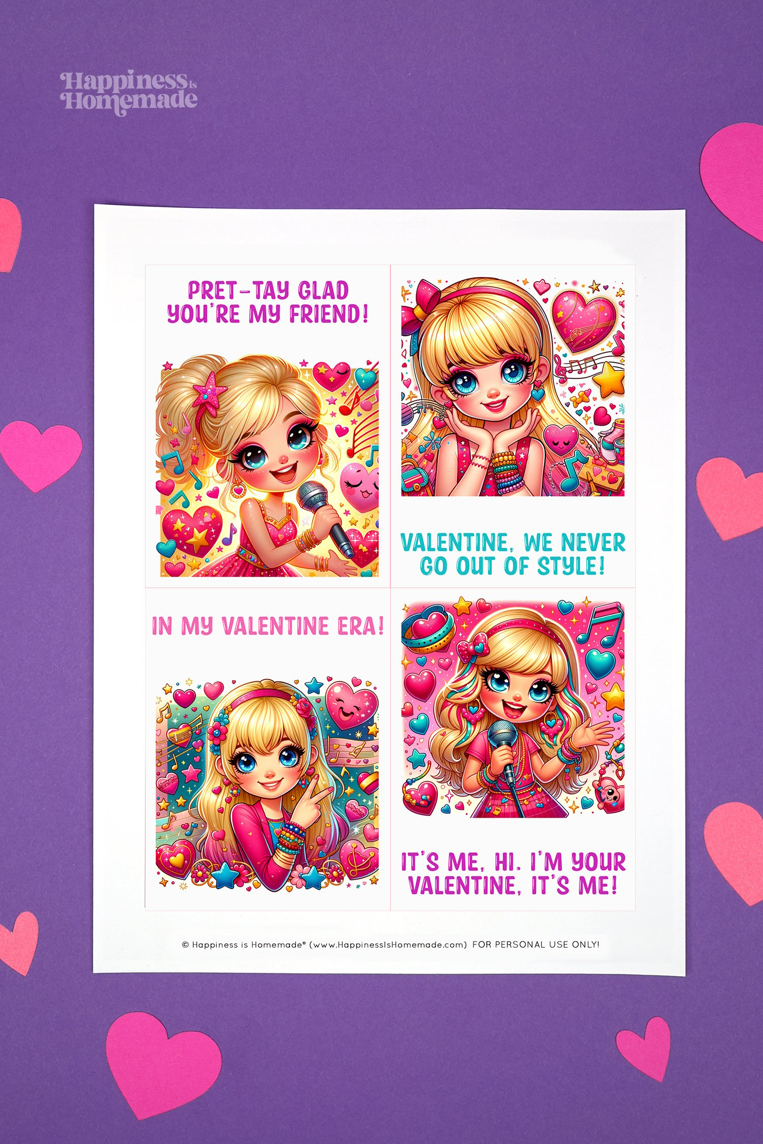 Sheet of printable Valentine's Day cards featuring a cartoon blonde pop star with blue eyes, musical accessories, and captions featuring Taylor Swift lyrics.