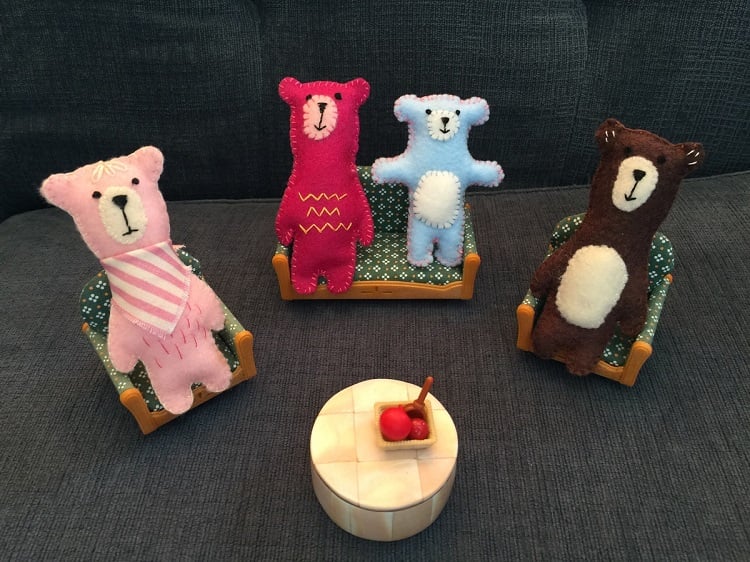 mini felt teddy bears in doll house furniture
