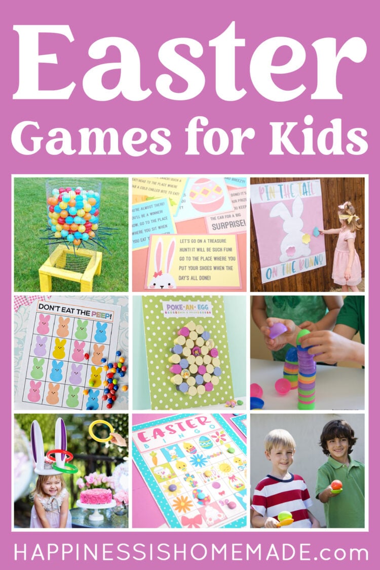 "Easter Games for Kids" graphic on lavender with collage of game ideas