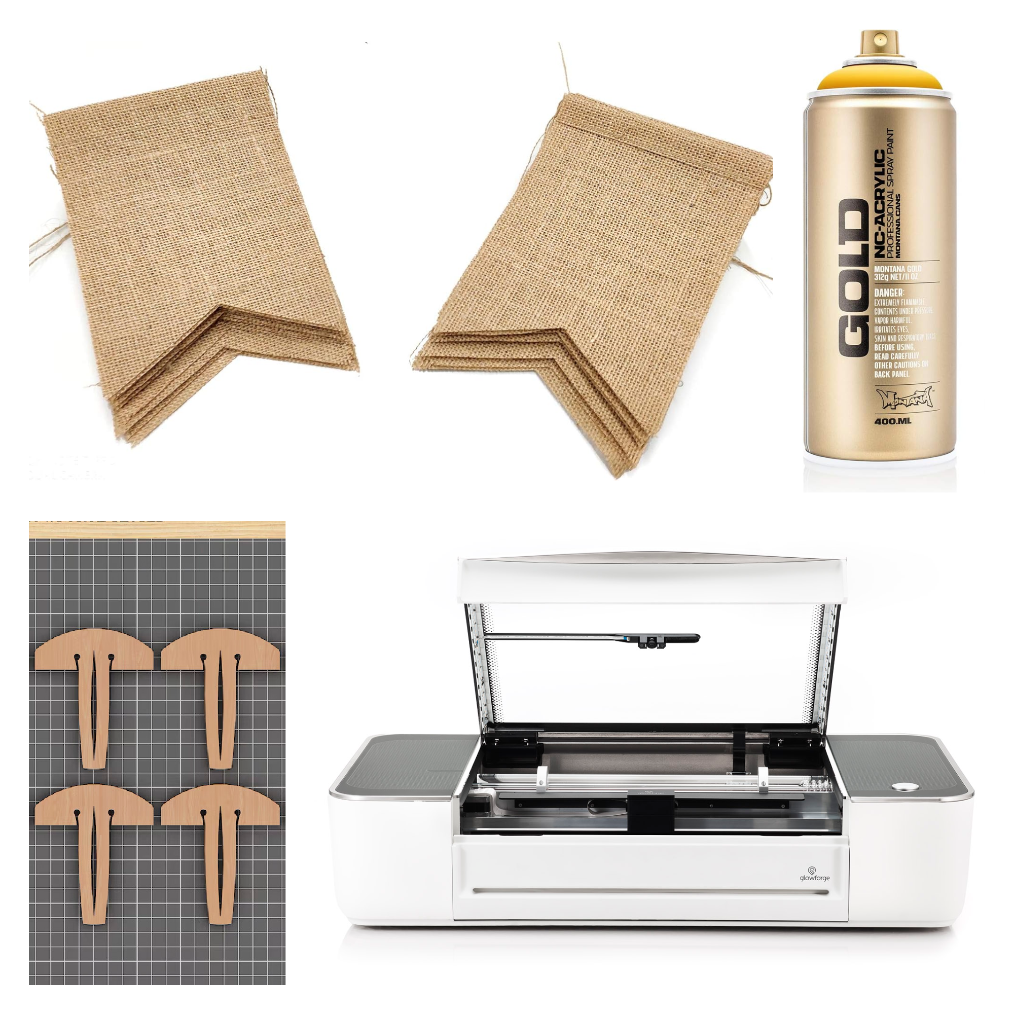 Engraved Burlap Banner Supplies graphic - banner, spray paint, Glowforge Pro, and hold down pins on white background