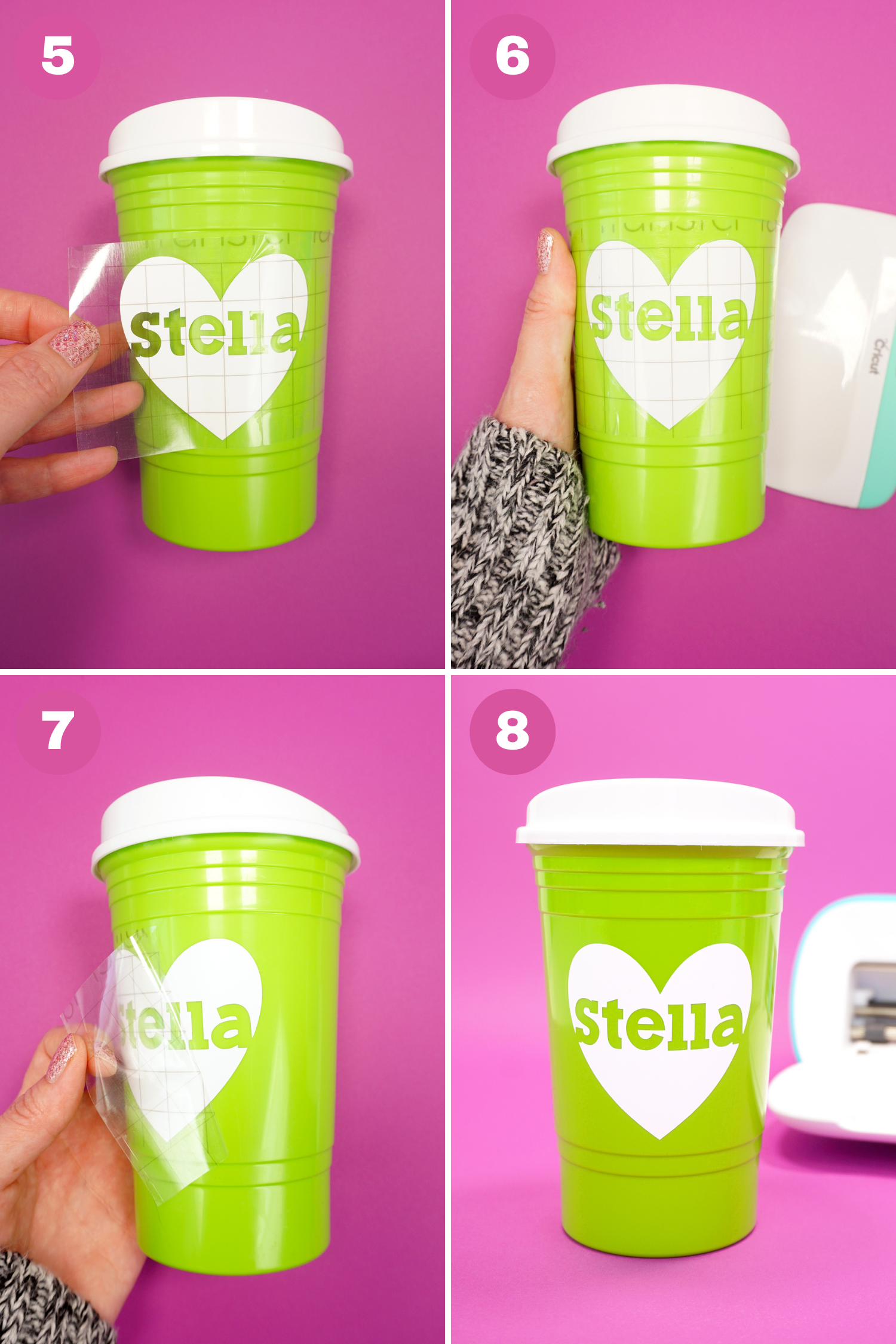 Collage of 4 steps in the "How to Use Transfer Tape" process - applying vinyl to plastic cup, burnishing, removing the transfer tape, and the finished cup