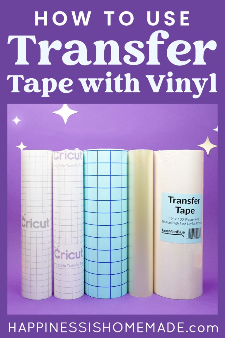 "How to Use Transfer Tape with Vinyl" graphic with text and five rolls of transfer tape on purple background