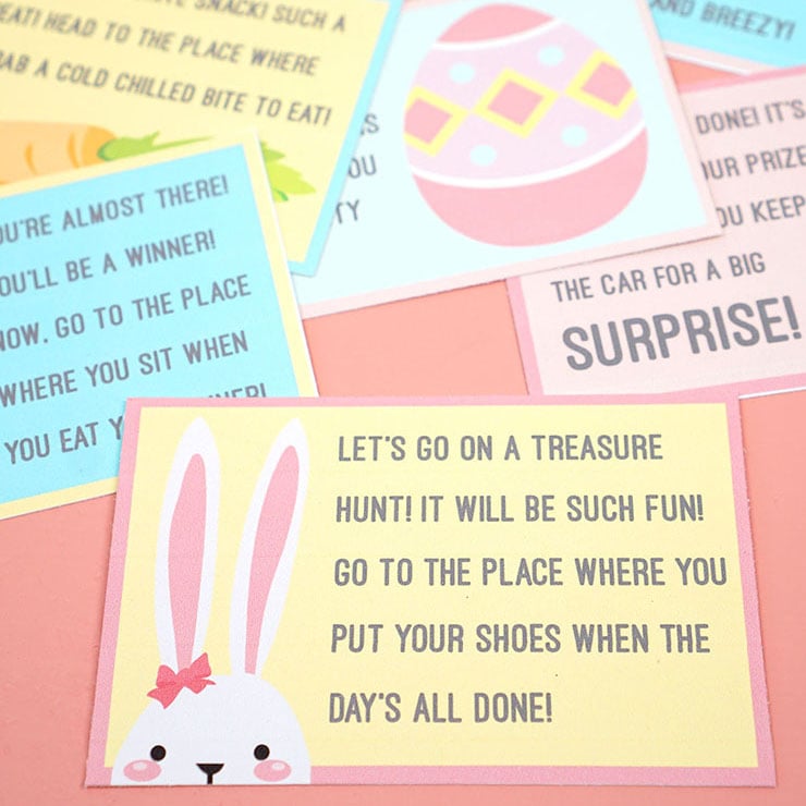 Printable Easter Scavenger Hunt cards on a coral background