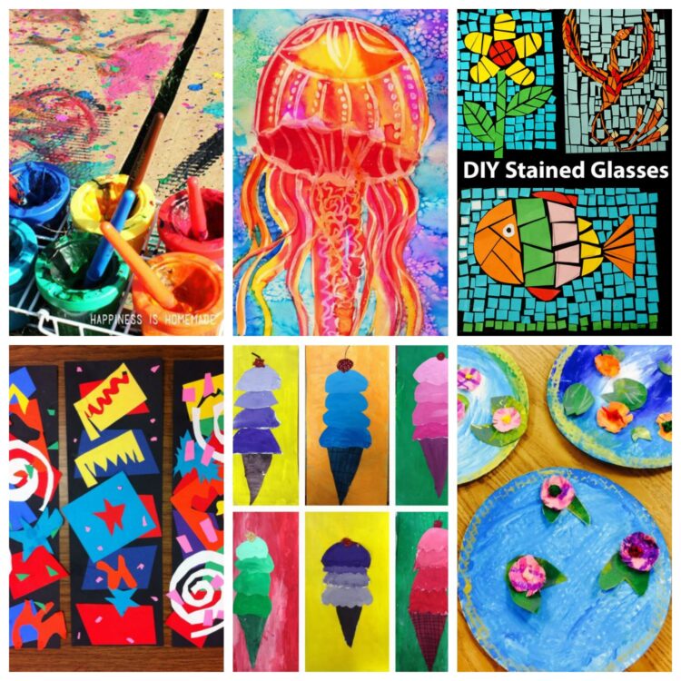 Collage of elementary art activities for kids