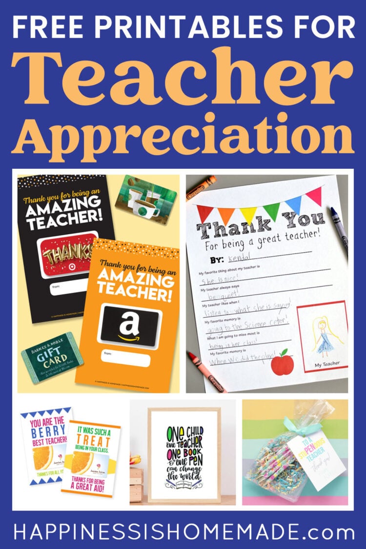 "Free Printables for Teacher Appreciation" graphic on blue background with collage of five printable ideas