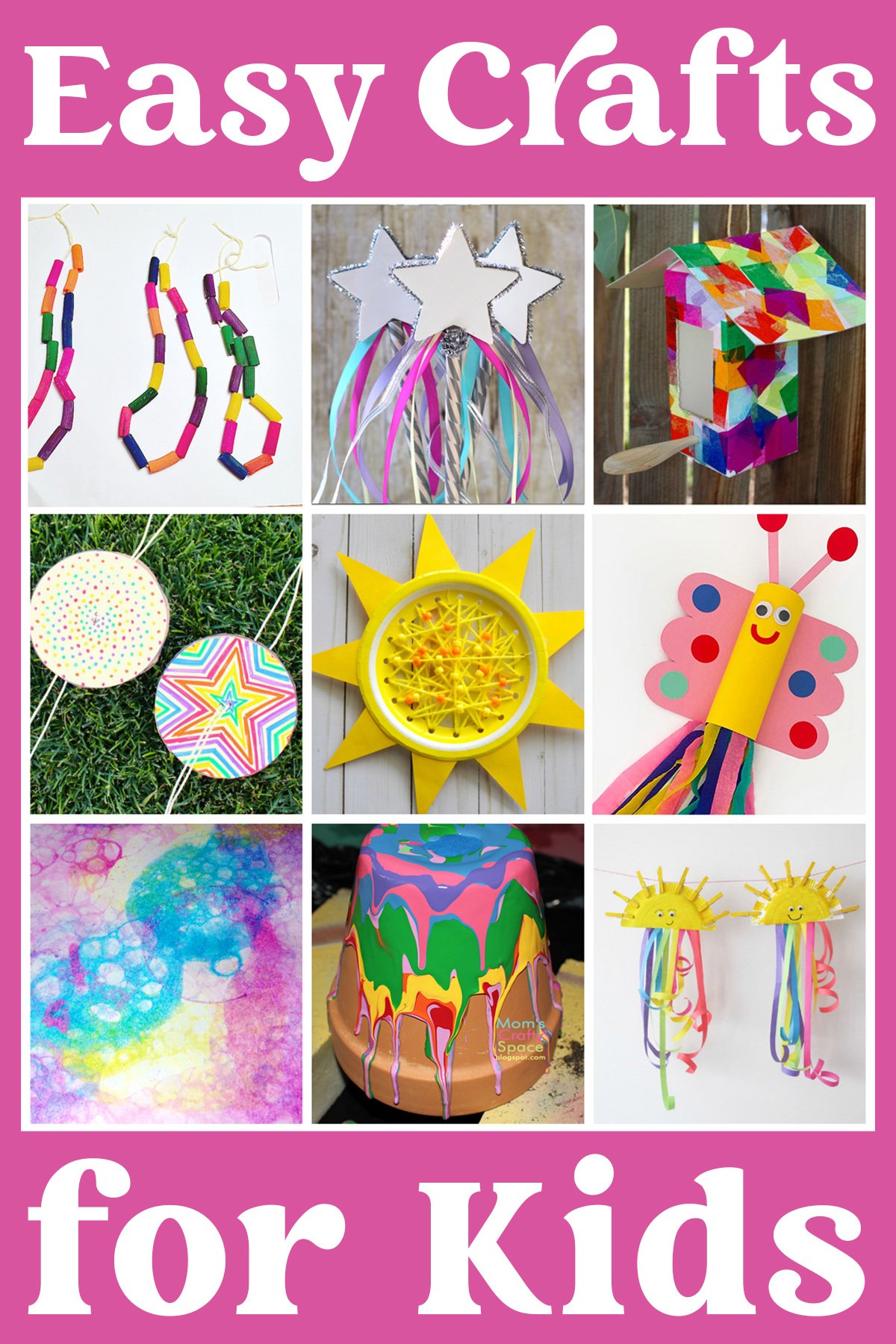 "50 Easy Crafts for Kids" Collage on pink background with white text and nine example kids craft project ideas