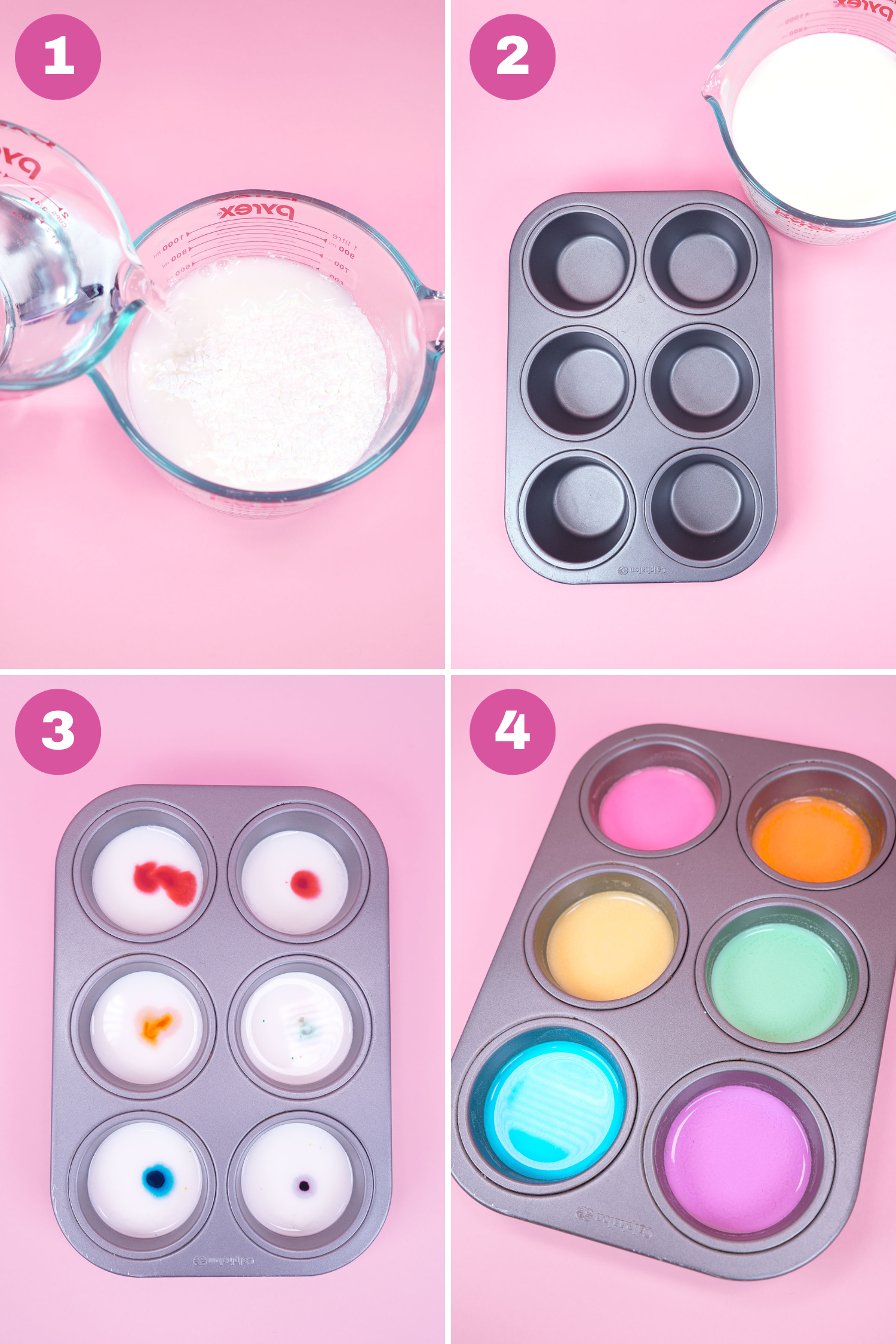 4-step photo tutorial collage image showing the four steps to making DIY sidewalk chalk paint - mix ingredients, divide into muffin tin, add food coloring, and paint