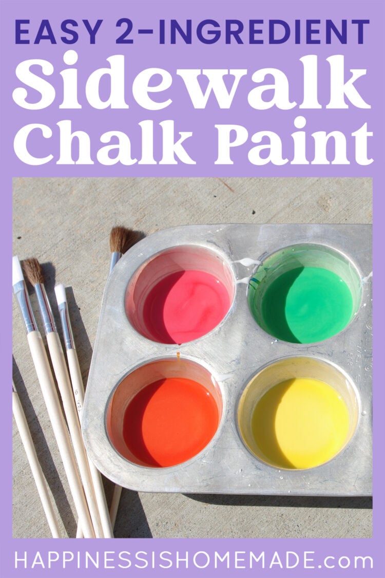 "Easy 2-Ingredient Sidewalk Chalk Paint" graphic on lavender background with colorful chalk paint in muffin tin