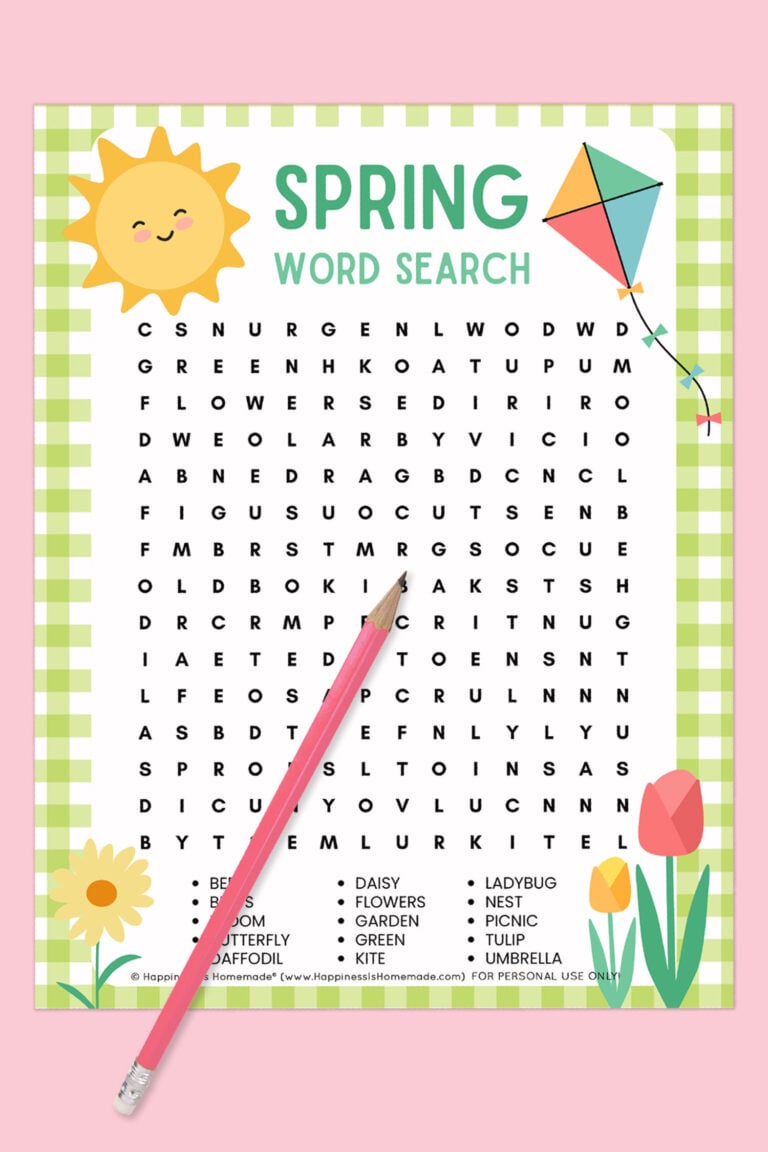 Free Spring Word Search printable on light pink background with dark pink pencil