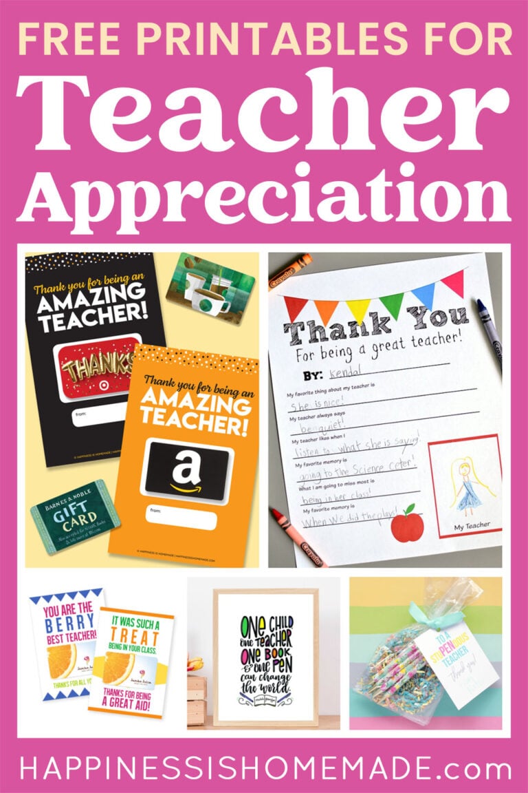"Free Printables for Teacher Appreciation" graphic on pink background with collage of example printables