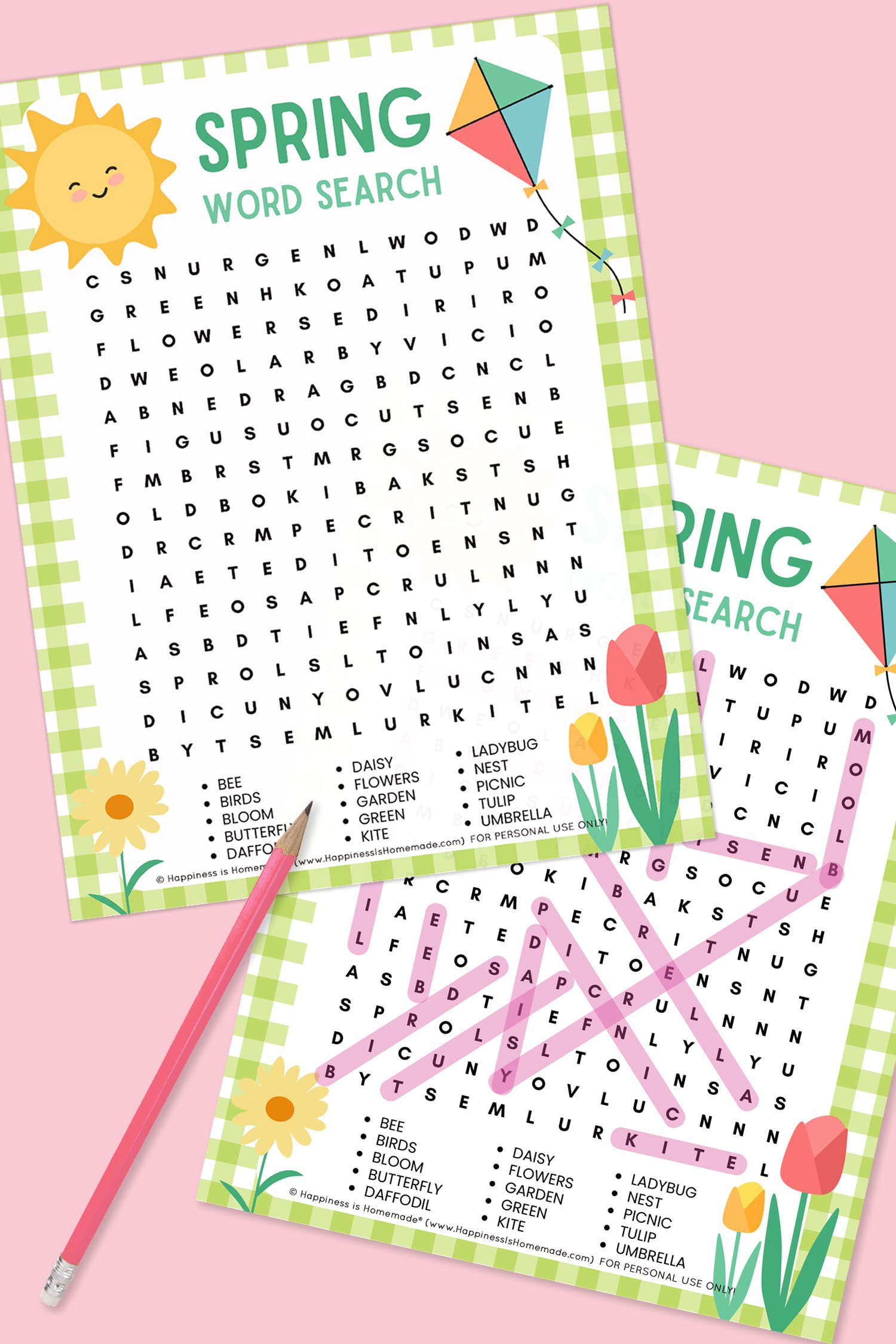 Spring Word Search Printable and answer key on light pink background with dark pink pencil