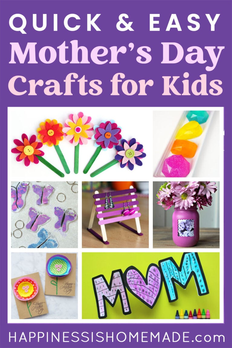 "Quick & Easy Mother's Day Crafts for Kids" graphic with example craft idea collage on purple background