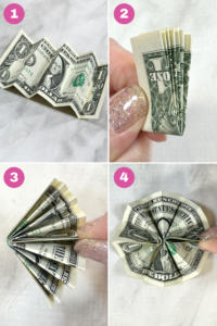 Collage of how to fold a dollar bill into a rosette for a money lei - 4 steps