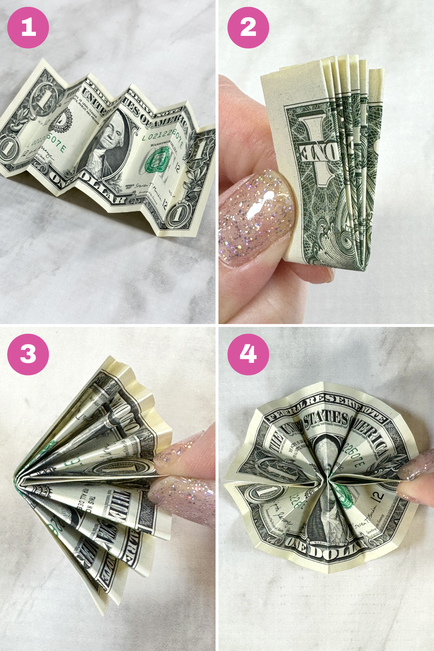 Collage of how to fold a dollar bill into a rosette for a money lei - 4 steps