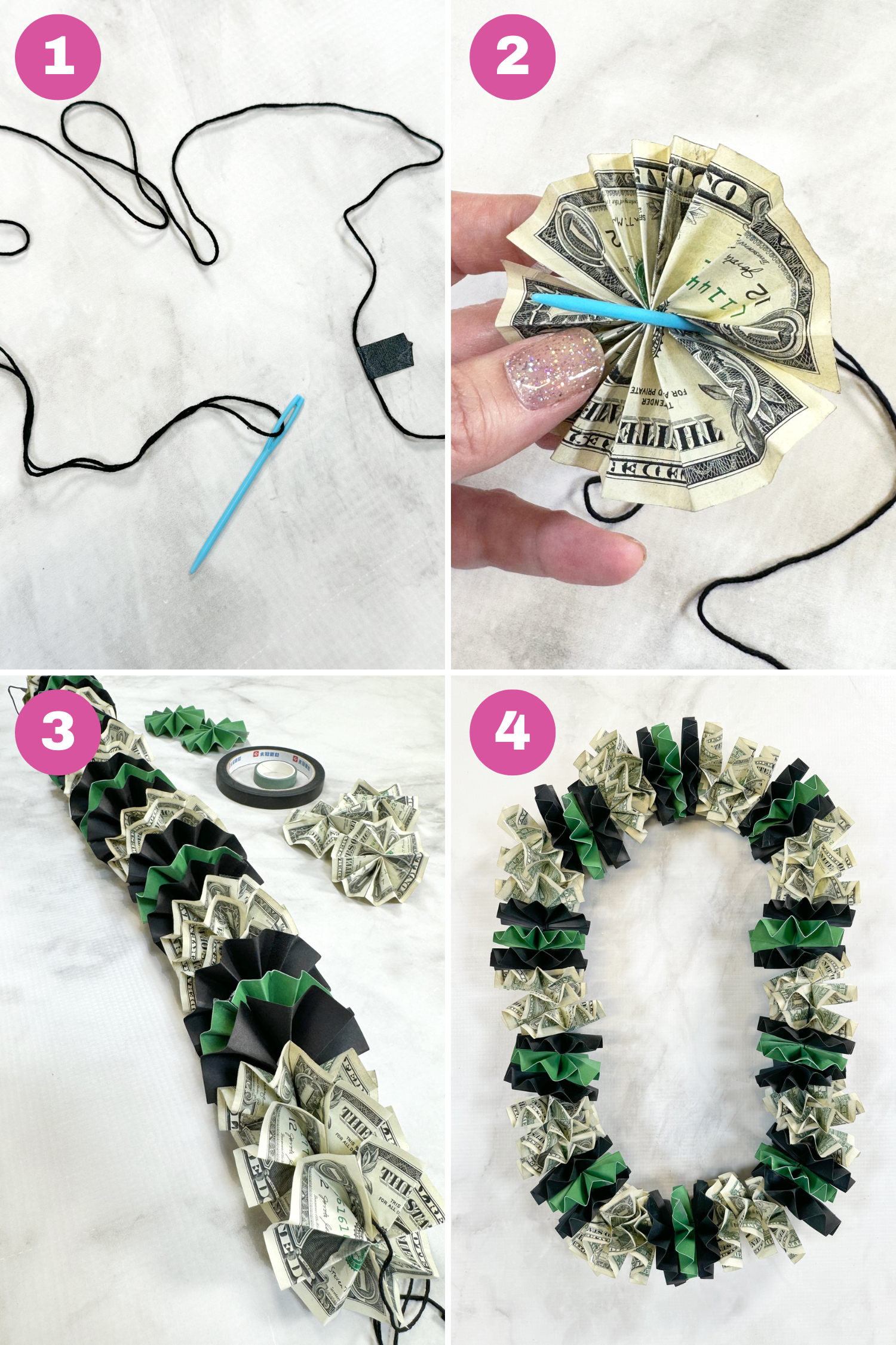 Collage of how to string a graduation money lei - four steps