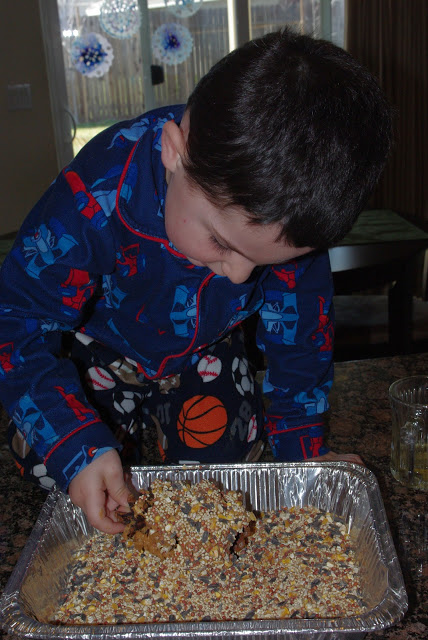 child decorating pine cone bird feeder