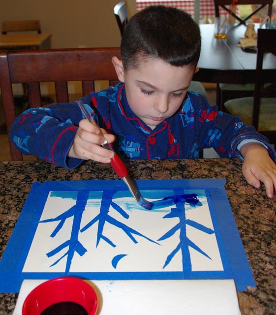 child painting taped off winter tree craft project 