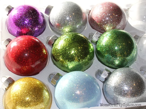 diy glitter ornaments in tray