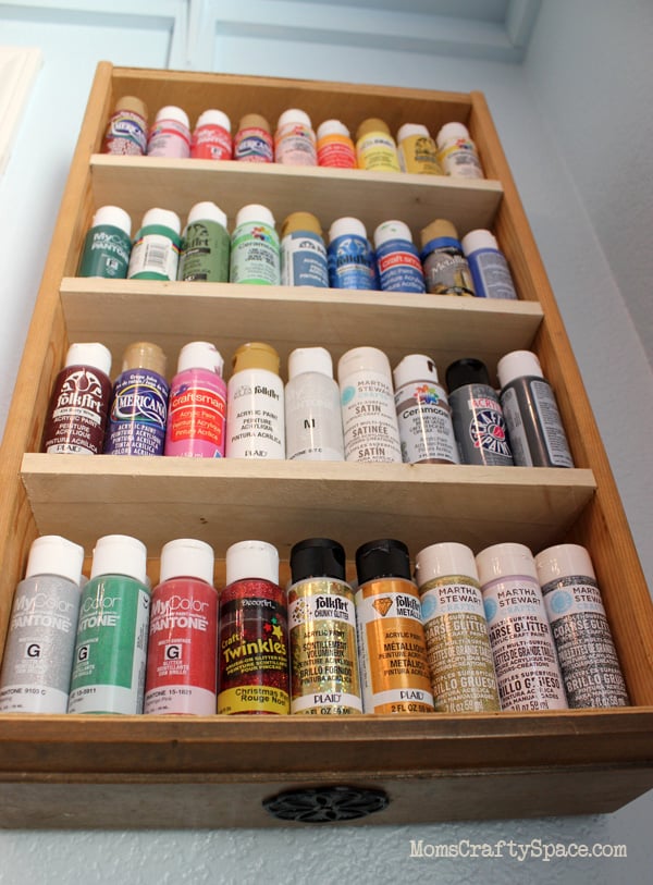 paint organized in upcycled drawer shelf