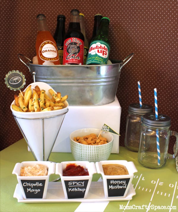 snack station and dipping sauces on game day food table
