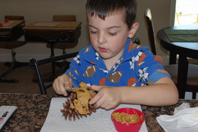 pine cone bird feeder being made by small child